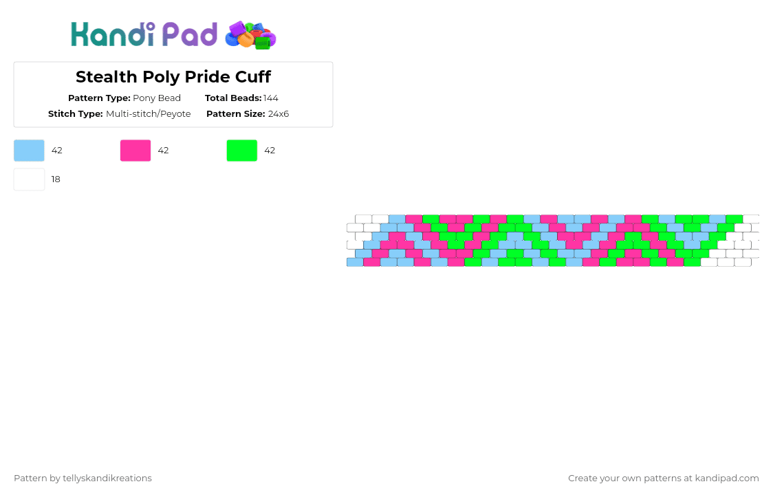 Stealth Poly Pride Cuff - Pony Bead Pattern by tellyskandikreations on Kandi Pad - light blue,pink,green