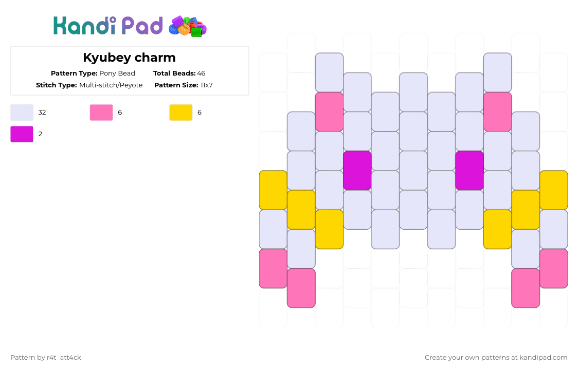 Kyubey charm - Pony Bead Pattern by r4t_att4ck on Kandi Pad - white,pink,yellow,kyubey,madoka,madoka magica,puella magi madoka magica,pmmm,mahou shoujo madoka magica,magical girl