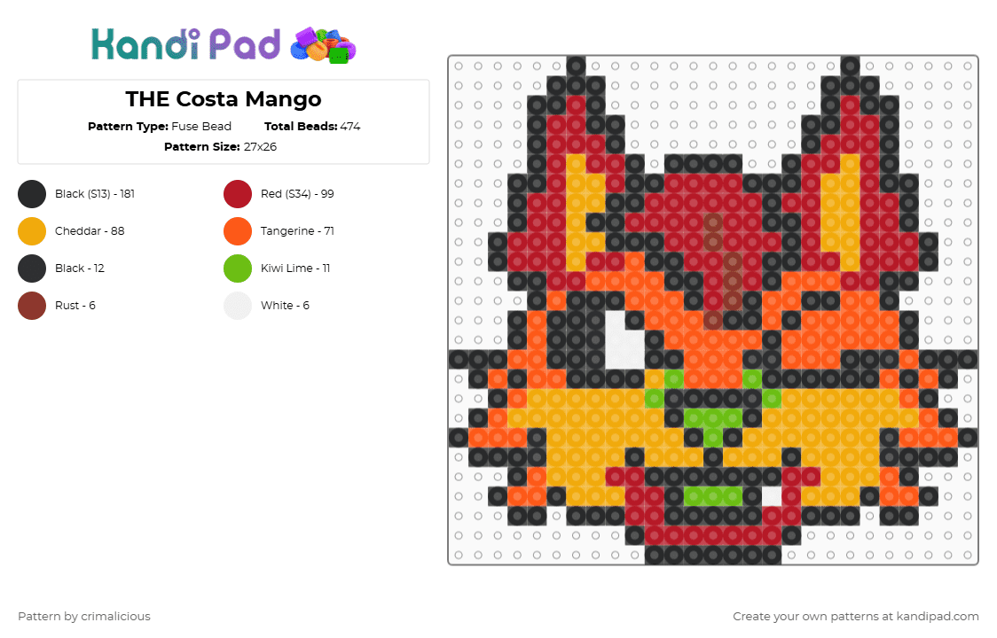 THE Costa Mango - Fuse Bead Pattern by crimalicious on Kandi Pad - red,orange,furry,costamango,fox,furries,simple