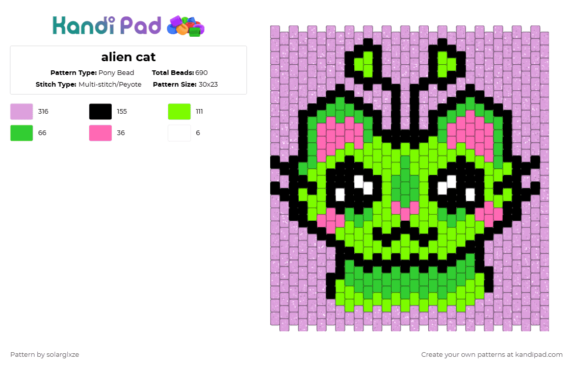alien cat - Pony Bead Pattern by solarglxze on Kandi Pad - pink,green