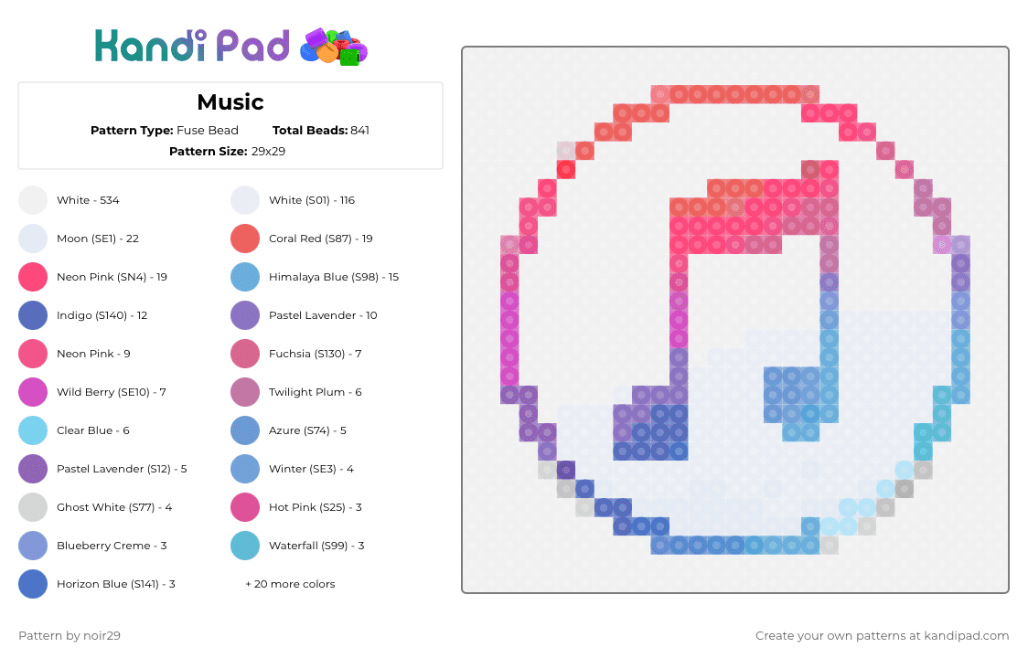 Music - Fuse Bead Pattern by noir29 on Kandi Pad - white,red,pink,light blue,colorful