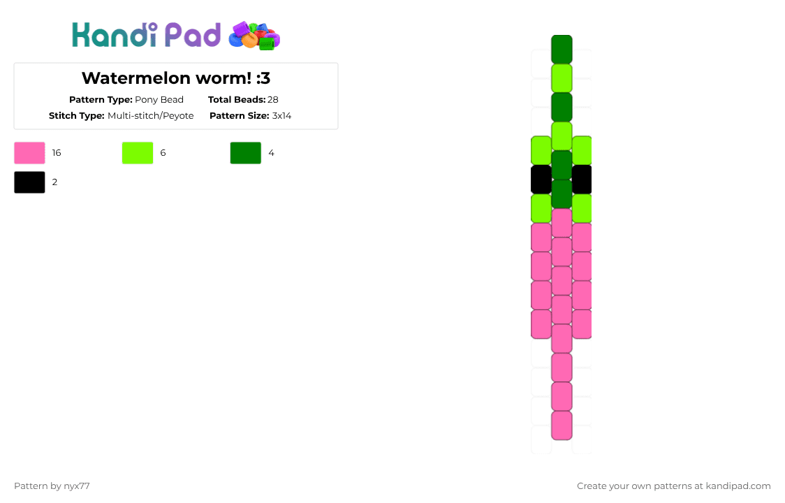 Watermelon worm! :3 - Pony Bead Pattern by nyx77 on Kandi Pad - pink,green