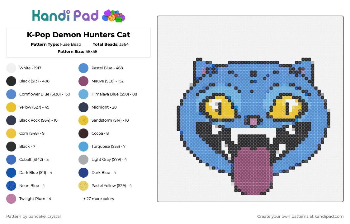 K-Pop Demon Hunters Cat - Fuse Bead Pattern by pancake_crystal on Kandi Pad - white,light blue,blue,pink