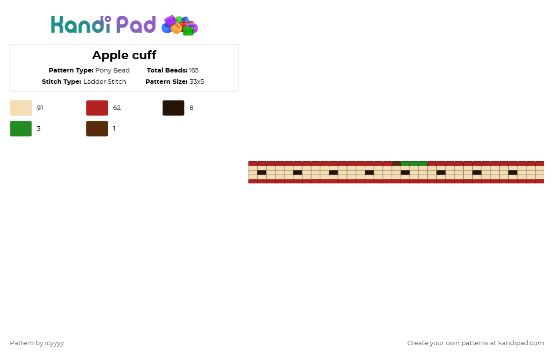 Apple cuff - Pony Bead Pattern by icyyyy on Kandi Pad - beige,red,apple,laddercuff,cuff,applecuff,cute,simple