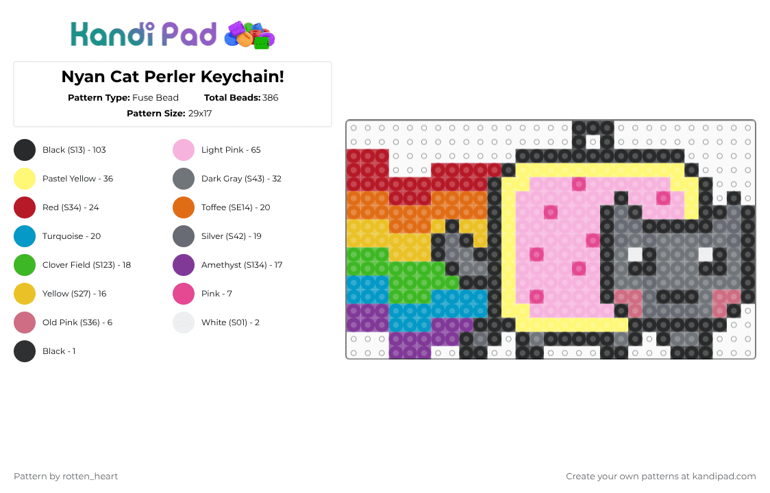 Nyan Cat Perler Keychain! - Fuse Bead Pattern by rotten_heart on Kandi Pad - yellow,pink,gray,rainbow,cat,kitty,nyan cat,perler,keychain,perler keychain,rainbow perler