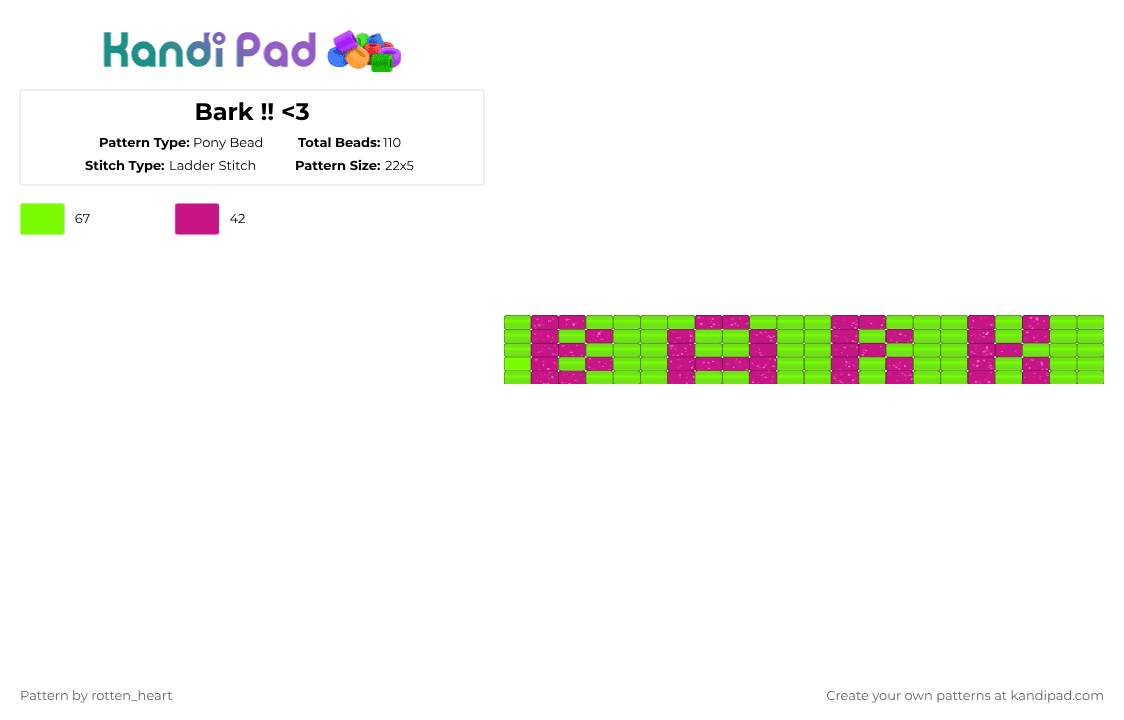 Bark !! - Pony Bead Pattern by rotten_heart on Kandi Pad - green,pink,glitter,pearly,scene