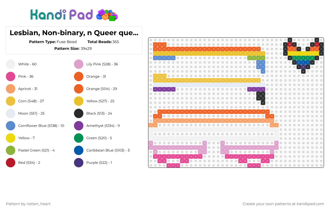 Lesbian, Non-binary, n Queer questioning Glasses! (CHECK DESC) - Fuse Bead Pattern by rotten_heart on Kandi Pad - orange,yellow,pink,pride,lesbian,love,perler,queer questioning,nonbinary,glasses,flag