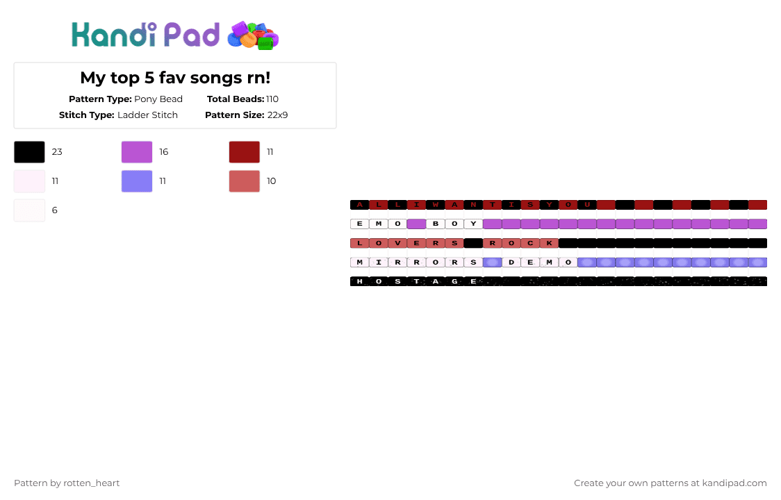 My top 5 fav songs rn! - Pony Bead Pattern by rotten_heart on Kandi Pad - red,pink,music,singles,colorful,songs,albums,stacks