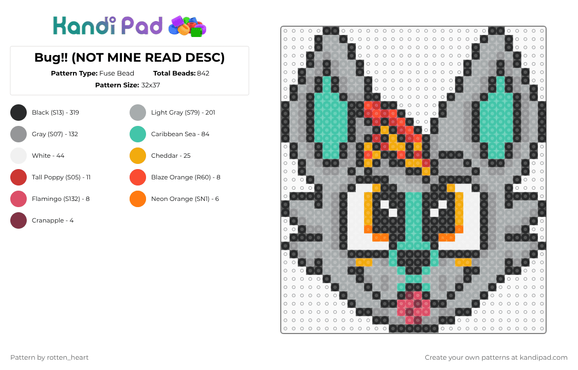 Bug!! (NOT MINE READ DESC) - Fuse Bead Pattern by rotten_heart on Kandi Pad - gray,furry,fursona,orange,blue,yellow,grey,fluffy,puppy