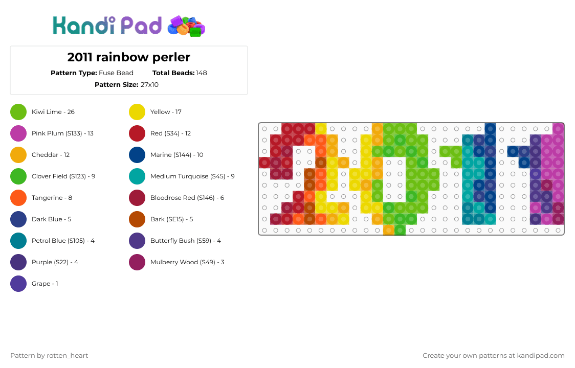 2011 rainbow perler - Fuse Bead Pattern by rotten_heart on Kandi Pad - red,yellow,orange,green,rainbow,perler,blue,purple