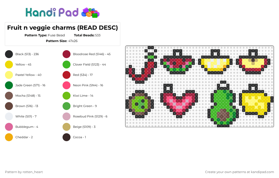 Fruit n veggie charms (READ DESC) - Fuse Bead Pattern by rotten_heart on Kandi Pad - black,red,green,yellow,fruit,charm,rainbow,perler,perler charm,fruit charm,mini,mini charm