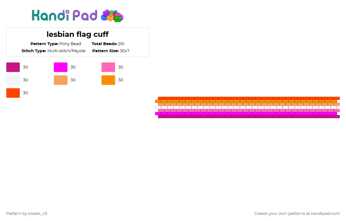 lesbian flag cuff - Pony Bead Pattern by tweek_x3 on Kandi Pad - pink,orange