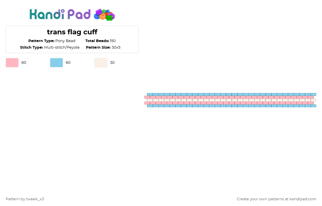 trans flag cuff - Pony Bead Pattern by tweek_x3 on Kandi Pad - pink,light blue