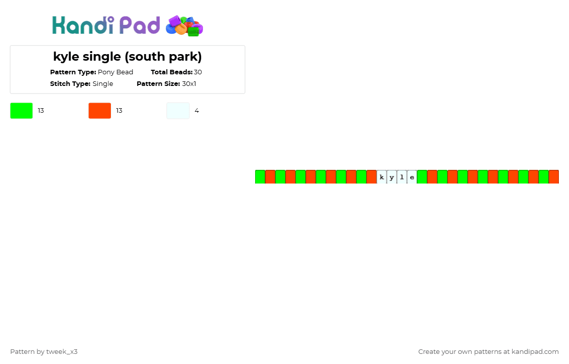 kyle single (south park) - Pony Bead Pattern by tweek_x3 on Kandi Pad - green,red