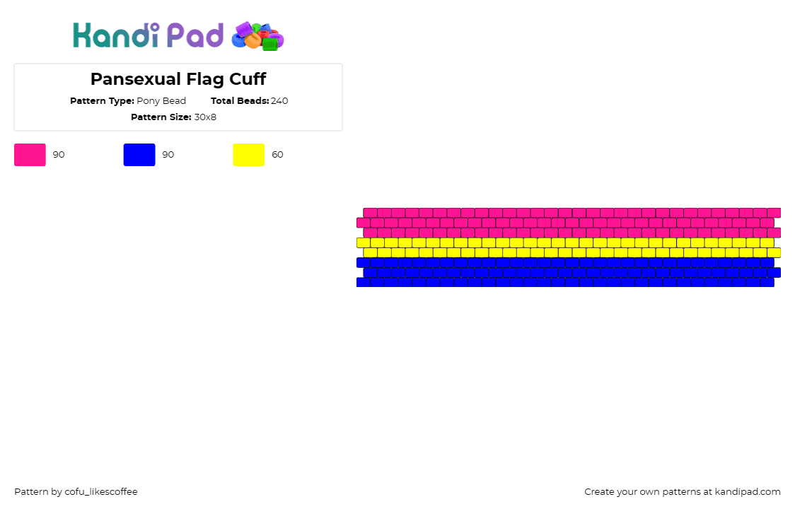 Pansexual Flag Cuff - Pony Bead Pattern by cofu_likescoffee on Kandi Pad - pansexual,pride,flag,cuff,inclusivity,diversity,vibrant,pink,yellow,blue