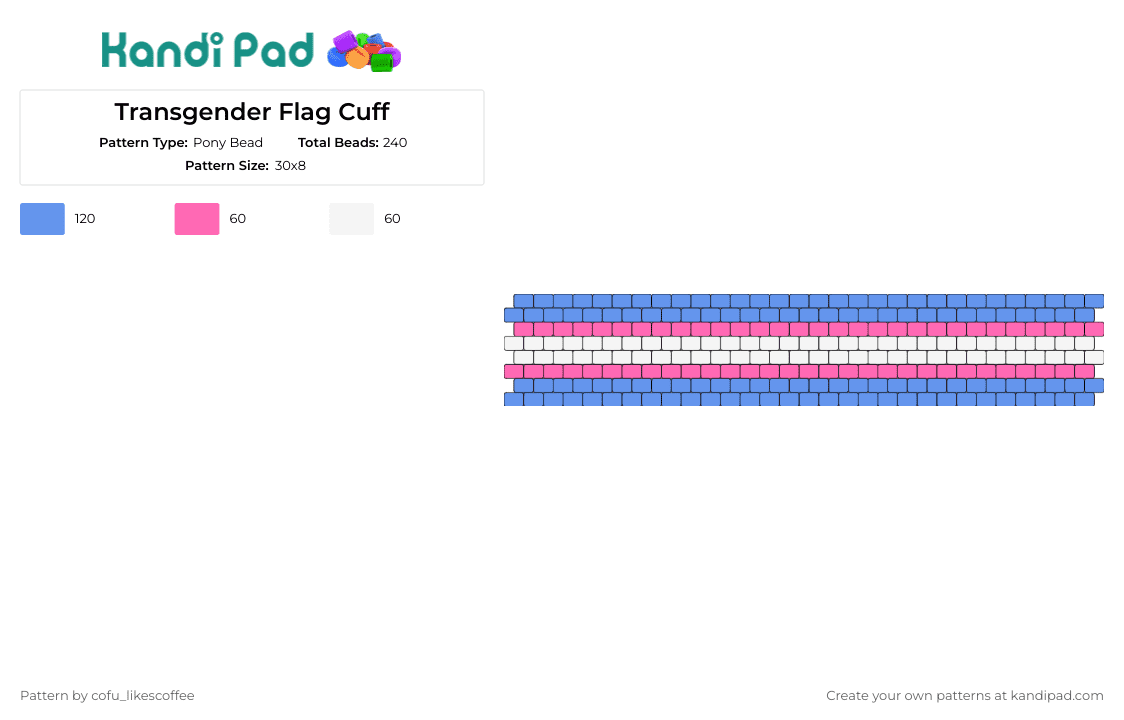Transgender Flag Cuff - Pony Bead Pattern by cofu_likescoffee on Kandi Pad - transgender,pride,flag,cuff,emblem,community,allies,light blue,pink,white