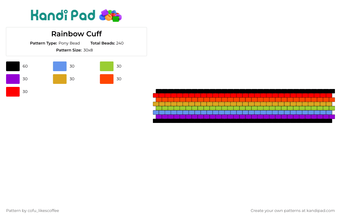 Rainbow Cuff - Pony Bead Pattern by cofu_likescoffee on Kandi Pad - rainbow,cuff,vibrant,pop of cheer,full spectrum,outfit,occasion
