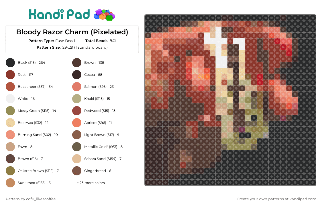 Bloody Razor Charm (Pixelated) - Fuse Bead Pattern by cofu_likescoffee on Kandi Pad - razor blade,pixelated,edgy,bold,unconventional,striking,aesthetic,red,brown