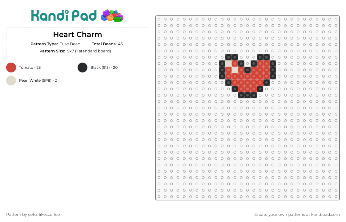 Heart Charm - Fuse Bead Pattern by cofu_likescoffee on Kandi Pad - heart,love,charm,timeless,symbol,heartfelt,classic,red