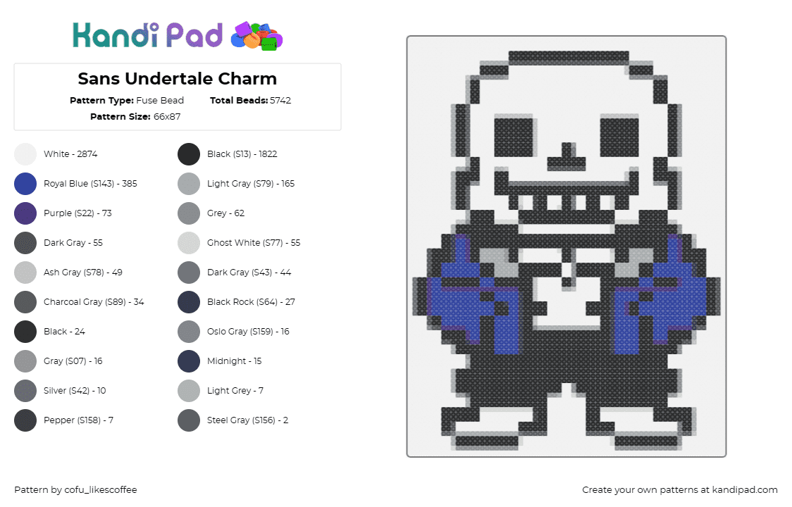 Sans Undertale Charm - Fuse Bead Pattern by cofu_likescoffee on Kandi Pad - undertale,sans,video game,jacket,grin