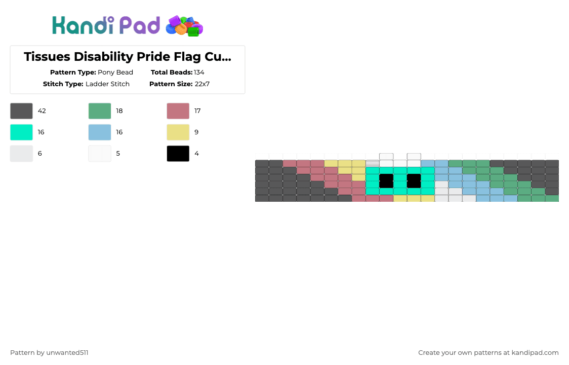 Tissues Disability Pride Flag Cuff :33 - Pony Bead Pattern by unwanted511 on Kandi Pad - teal,gray,tissues,tissues ii,condishawn,ii,osc,disability pride,tissues disability pride,cute