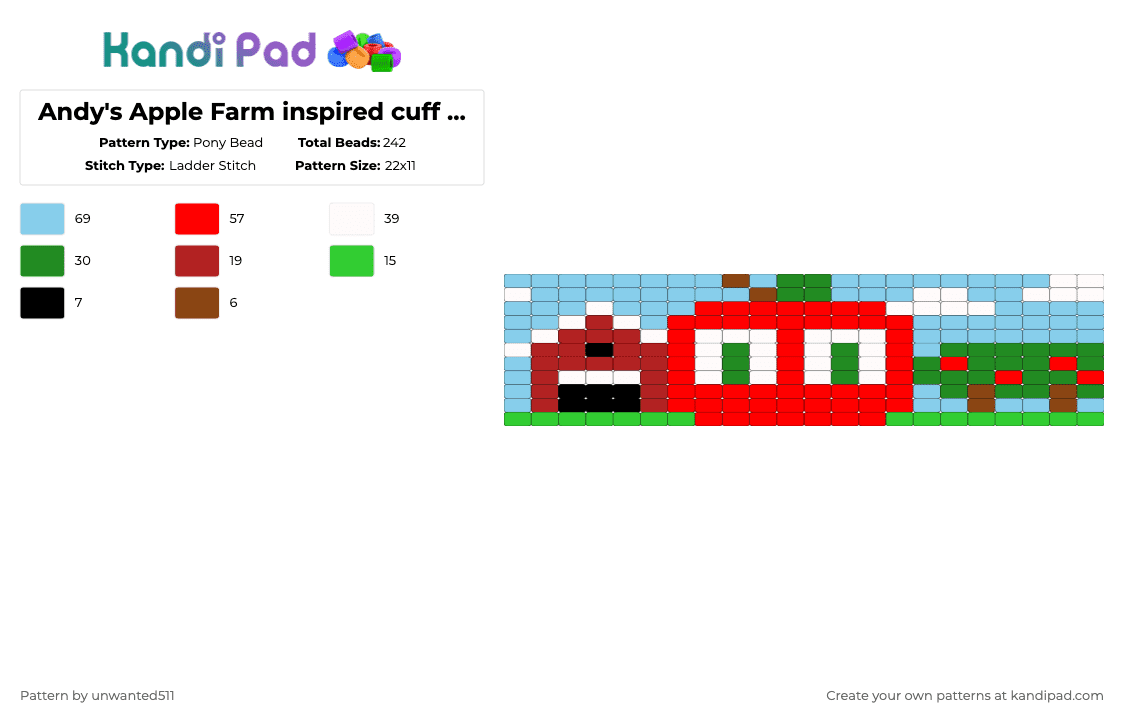 Andy\'s Apple Farm inspired cuff ((WIP)) - Pony Bead Pattern by unwanted511 on Kandi Pad - red,light blue,andy,andy the apple,andys apple farm,aaf,apple farm,farm,apples,cherries