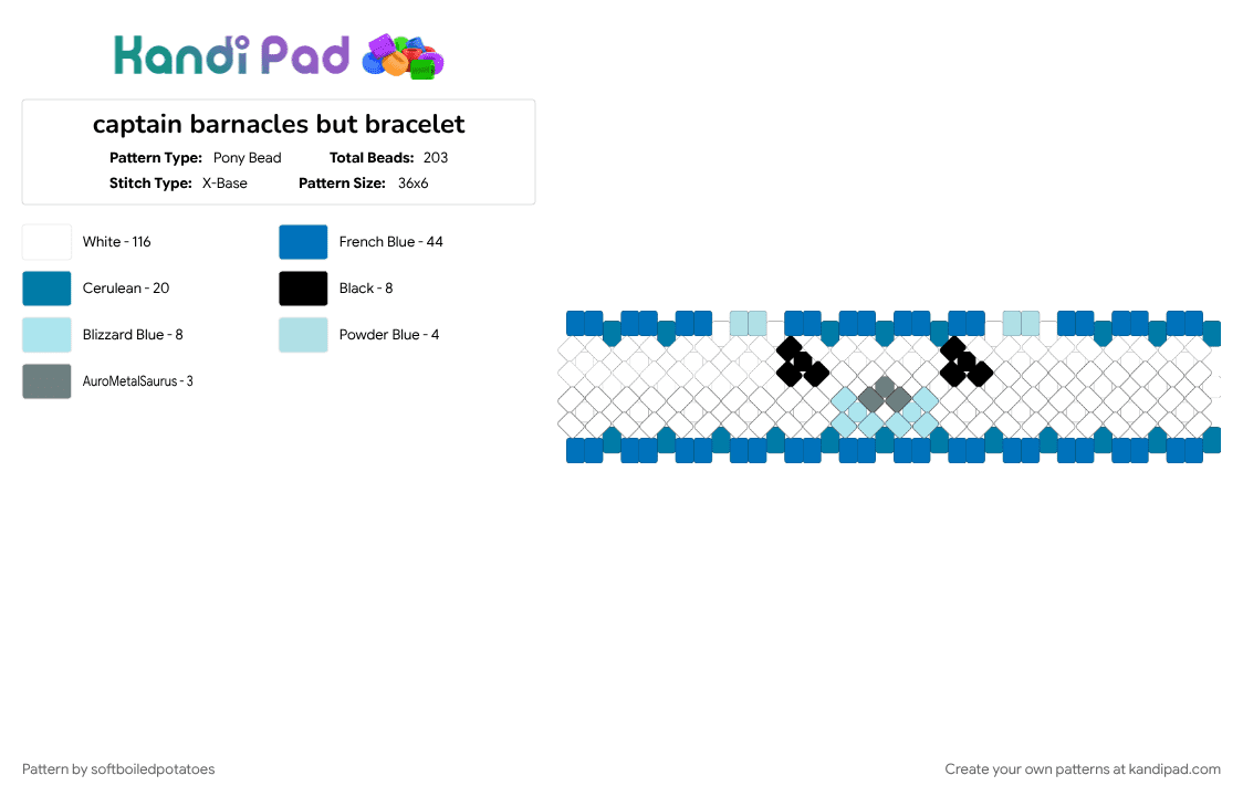captain barnacles but bracelet - Pony Bead Pattern by softboiledpotatoes on Kandi Pad - blue, captain barnacles, hint of blue, octonauts, show, super duper cool and awsome, white
