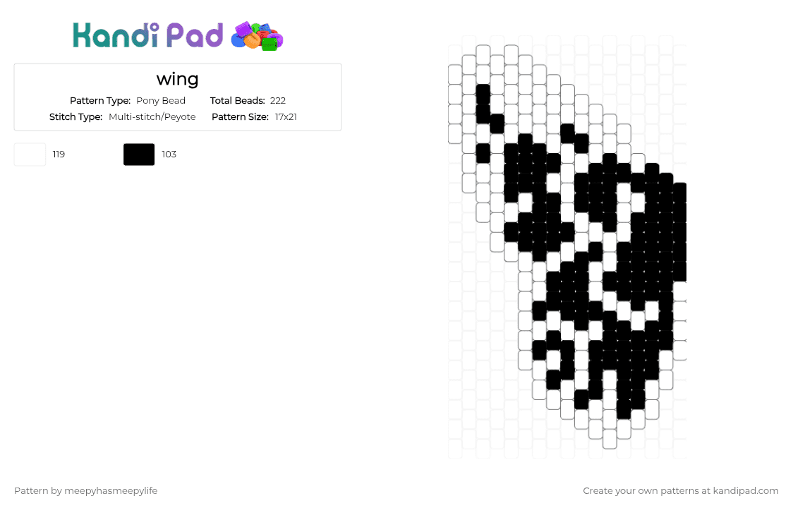 wing - Pony Bead Pattern by meepyhasmeepylife on Kandi Pad - black, bug, butterfly, headphones, insect, panel, white, wing, wings