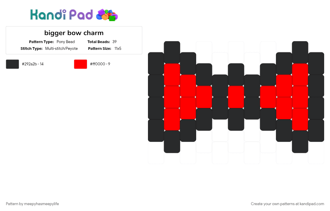 bigger bow charm - Pony Bead Pattern by meepyhasmeepylife on Kandi Pad - black, cotdbows, red