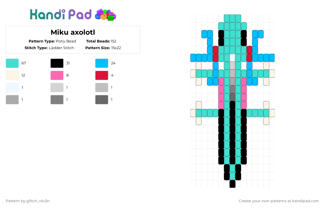 Miku axolotl - Pony Bead Pattern by gl1tch_r4v3n on Kandi Pad - light blue