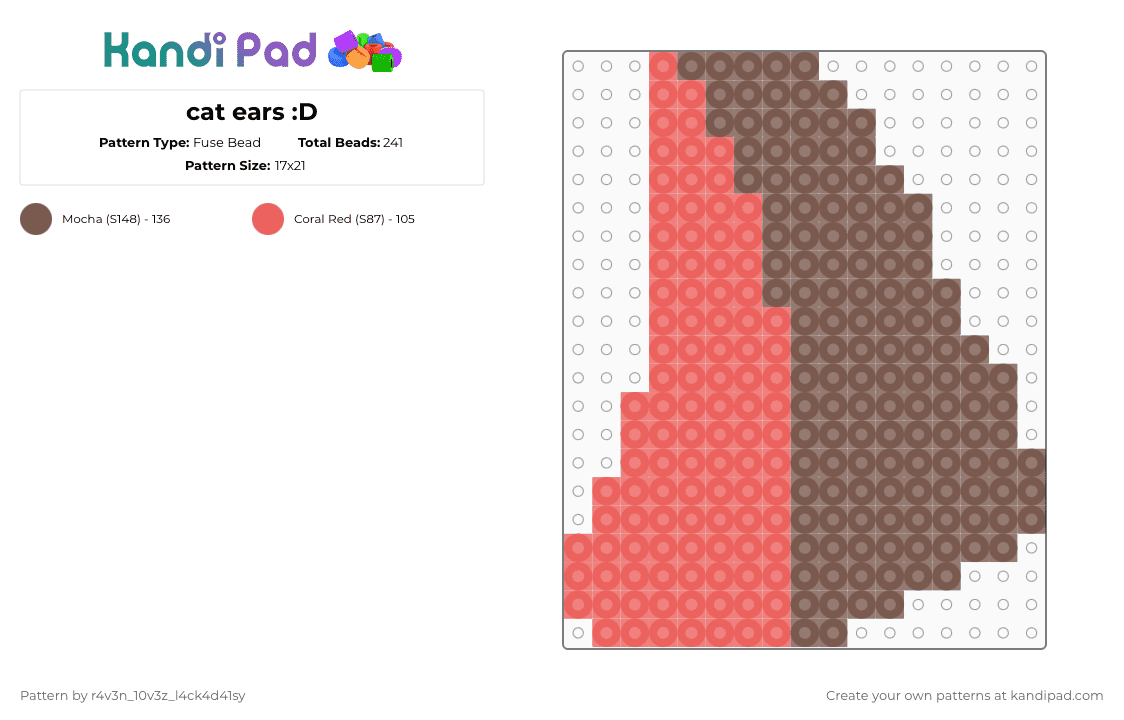 cat ears :D - Fuse Bead Pattern by gl1tch_r4v3n on Kandi Pad - tan,red