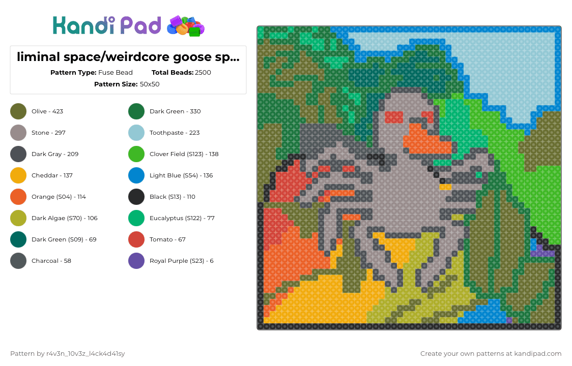 liminal space/weirdcore goose spider - Fuse Bead Pattern by gl1tch_r4v3n on Kandi Pad - green,gold,gray,orange,colorful