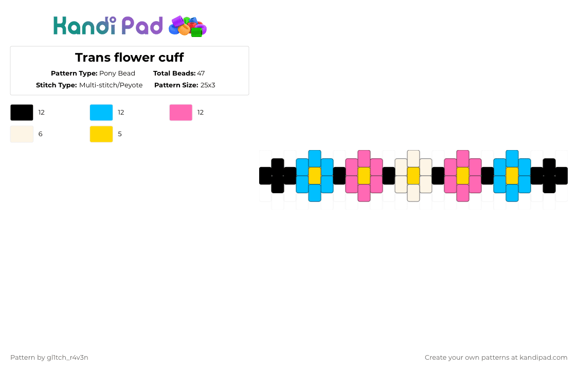 Trans flower cuff - Pony Bead Pattern by gl1tch_r4v3n on Kandi Pad - light blue,pink