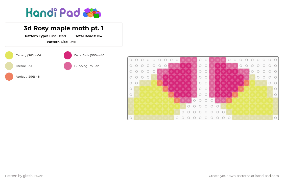 3d Rosy maple moth pt. 1 - Fuse Bead Pattern by gl1tch_r4v3n on Kandi Pad - pink, yellow