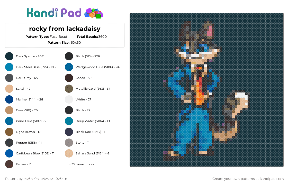 rocky from lackadaisy - Fuse Bead Pattern by gl1tch_r4v3n on Kandi Pad - black,tan,gray,light blue,beige,colorful