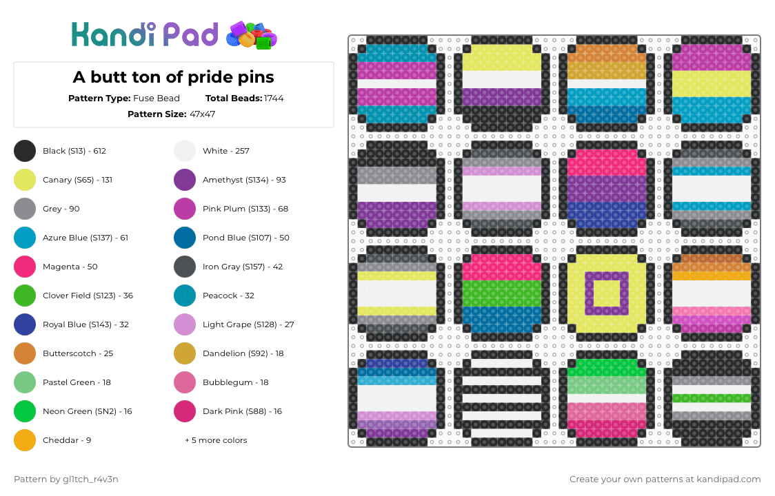 A butt ton of pride pins - Fuse Bead Pattern by gl1tch_r4v3n on Kandi Pad - pink,yellow,gray