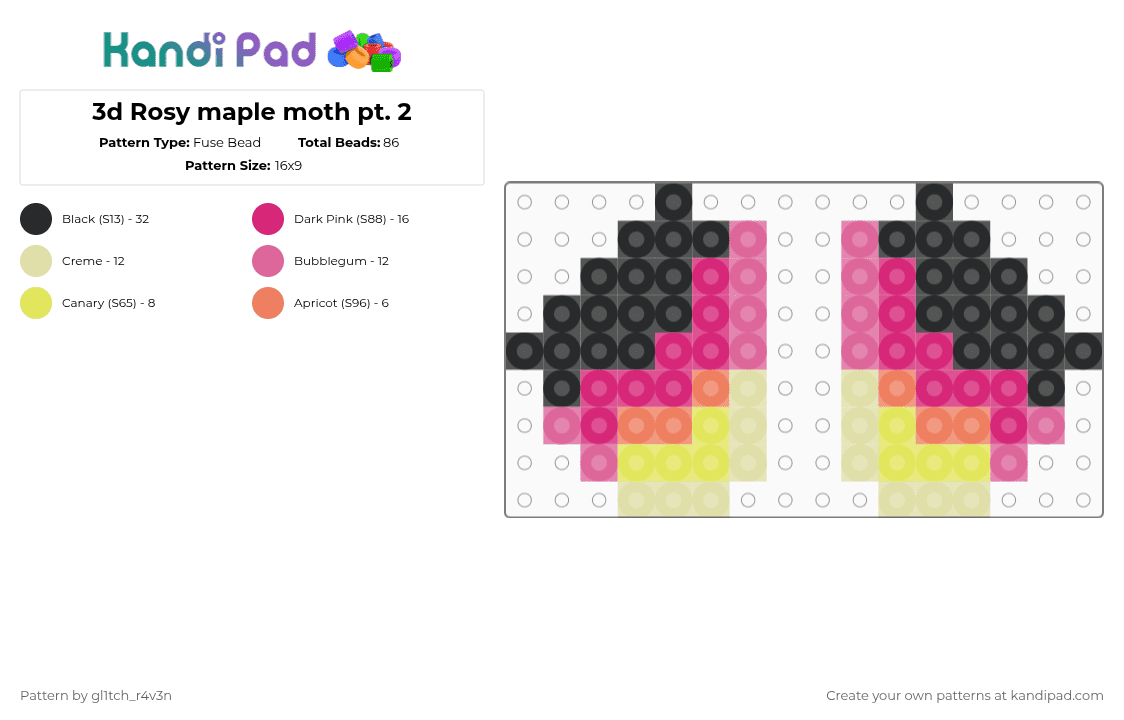 3d Rosy maple moth pt. 2 - Fuse Bead Pattern by gl1tch_r4v3n on Kandi Pad - pink, yellow