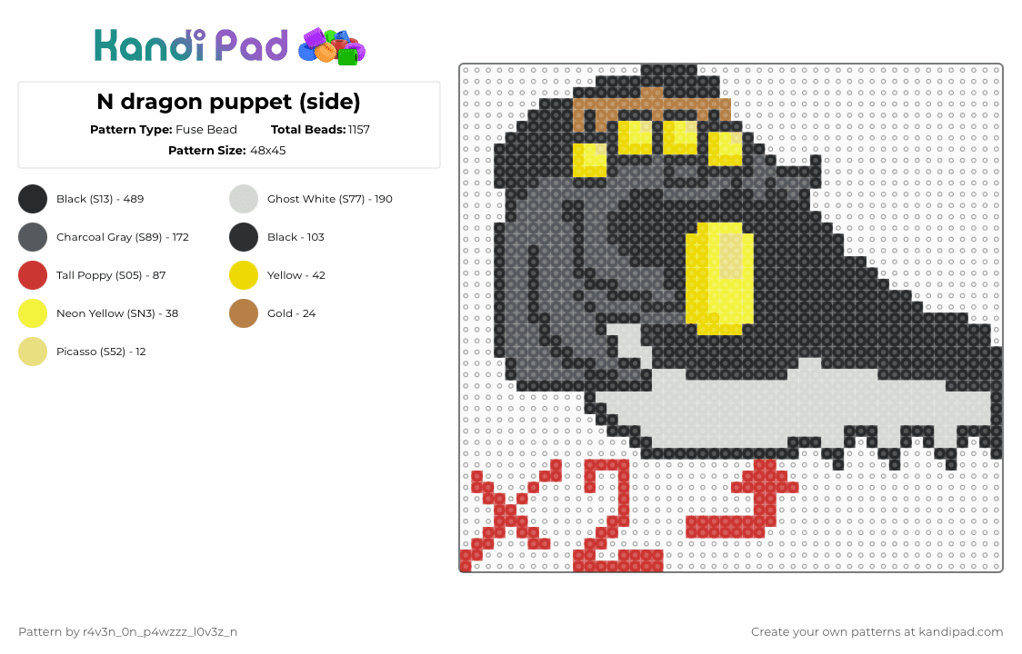 N dragon puppet (side) - Fuse Bead Pattern by gl1tch_r4v3n on Kandi Pad - black,yellow,gray