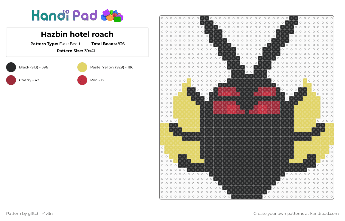 Hazbin hotel roach - Fuse Bead Pattern by gl1tch_r4v3n on Kandi Pad - black,yellow