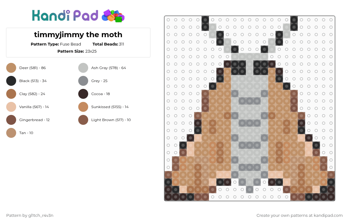 timmyjimmy the moth - Fuse Bead Pattern by gl1tch_r4v3n on Kandi Pad - tan,beige