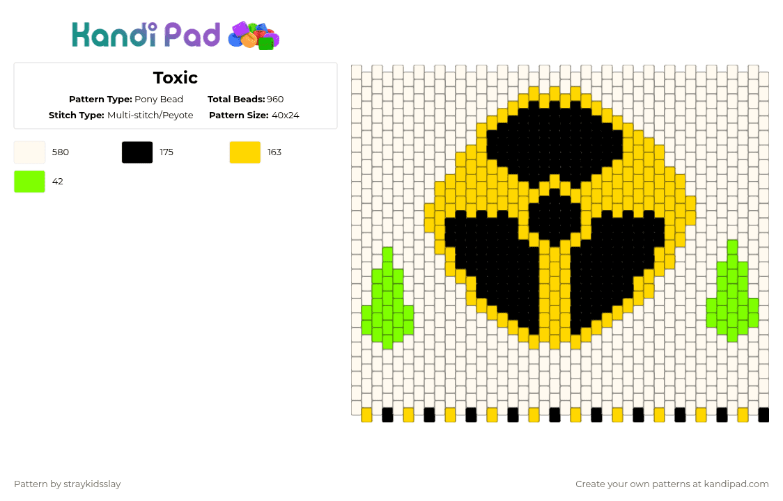 Toxic - Pony Bead Pattern by straykidsslay on Kandi Pad - white,yellow