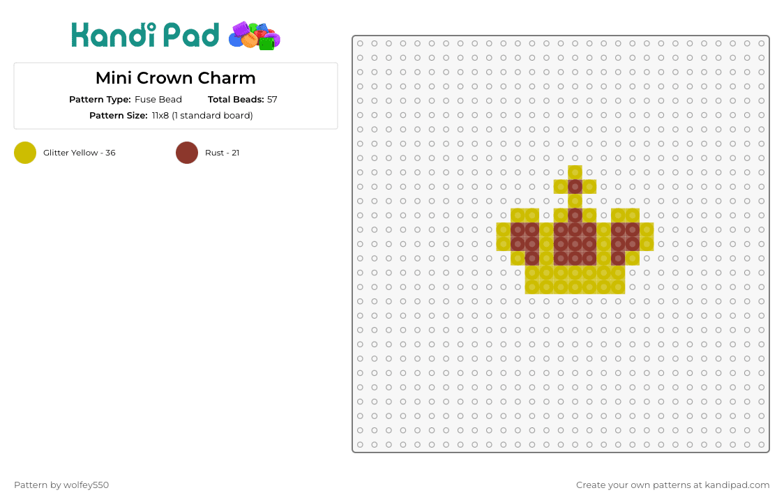 Mini Crown Charm - Fuse Bead Pattern by wolfey550 on Kandi Pad - crown,royalty,king,queen,charm,simple,clothing,hat,gold,red