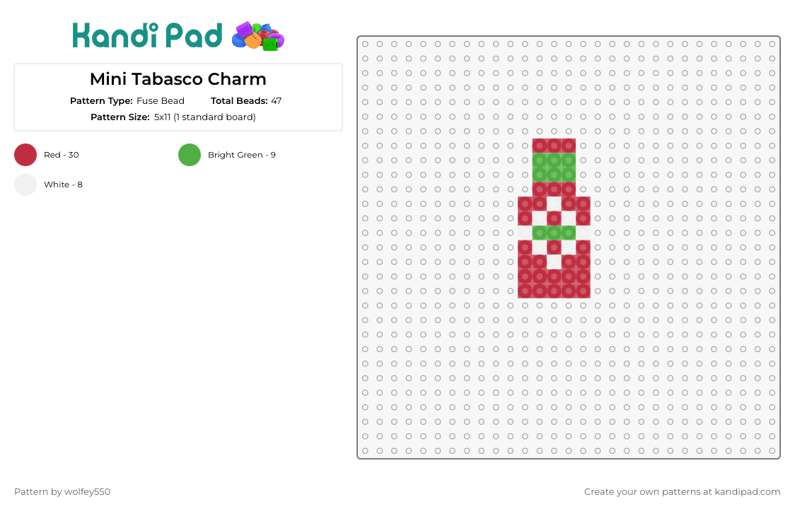Mini Tabasco Charm - Fuse Bead Pattern by wolfey550 on Kandi Pad - tabasco,hot sauce,charm,bottle,pepper,food,simple,condiment,red,green