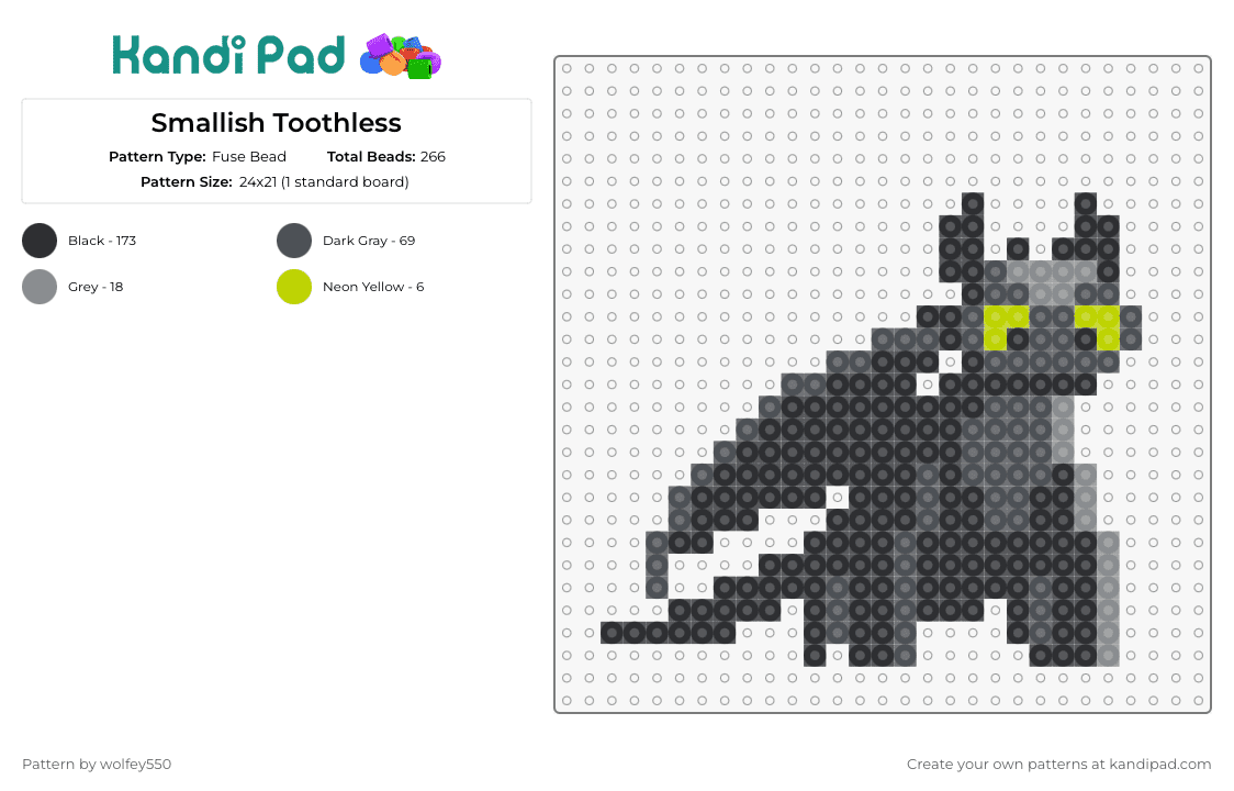 Smallish Toothless - Fuse Bead Pattern by wolfey550 on Kandi Pad - toothless,how to train your dragon,disney,dragon,movie,character,cute,black,gray