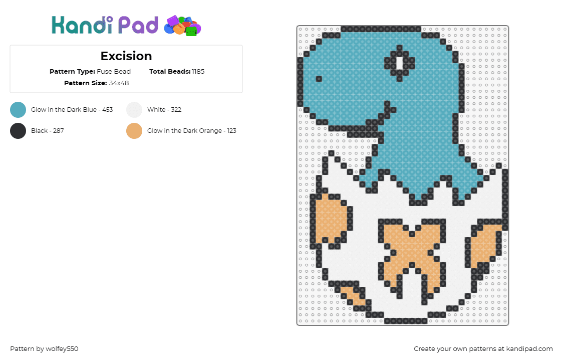 Excision - Fuse Bead Pattern by wolfey550 on Kandi Pad - excision,dinosaur,egg,cute,baby,dj,dubstem,music,edm,light blue,white,orange