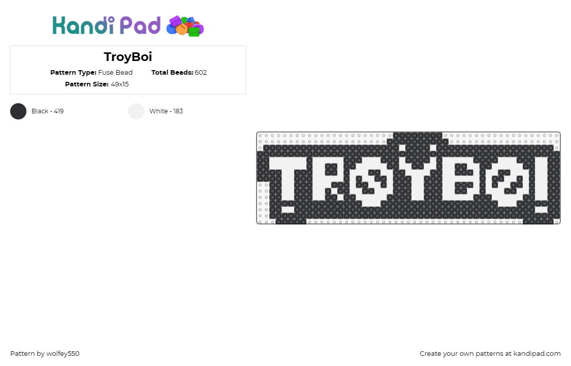 TroyBoi - Fuse Bead Pattern by wolfey550 on Kandi Pad - troyboi,logo,dj,edm,music,white,black