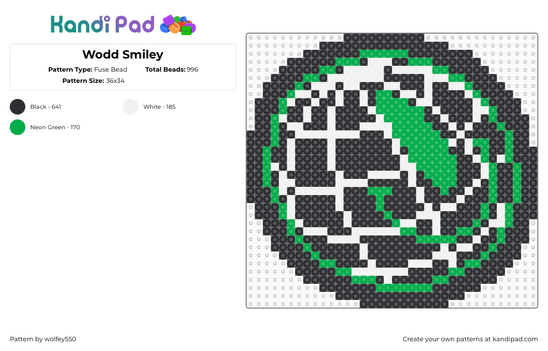 Wodd Smiley - Fuse Bead Pattern by wolfey550 on Kandi Pad - wodd,dj,globe,smiley,edm,music,charm,green,black,white