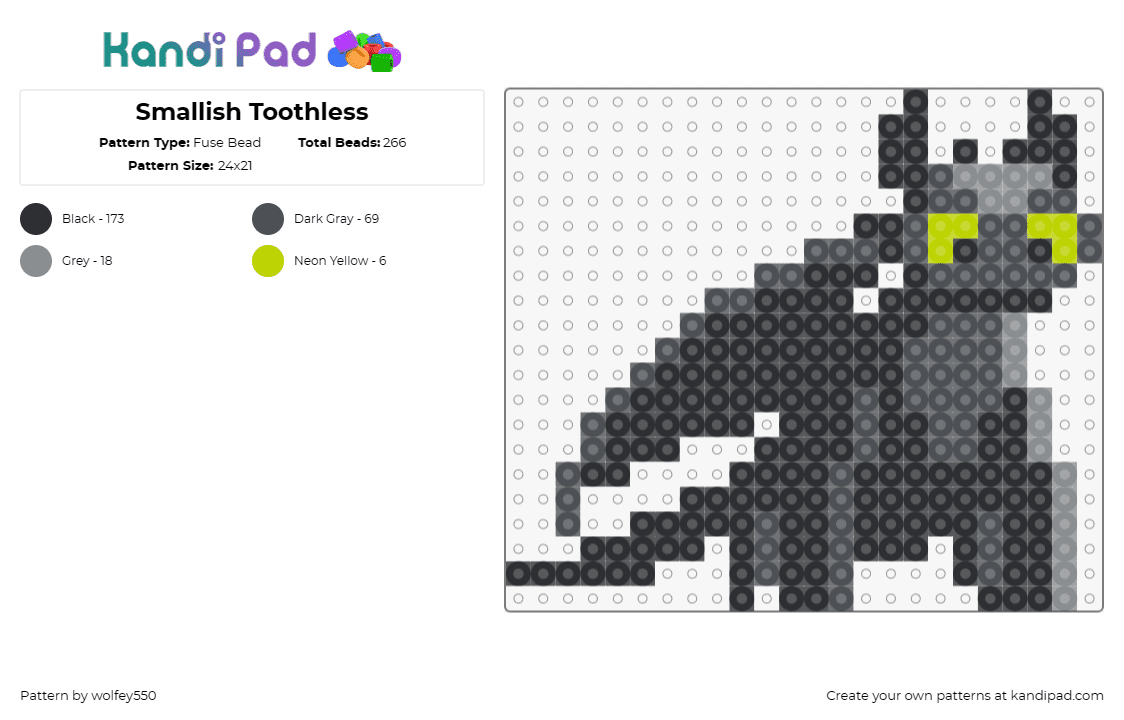 Smallish Toothless - Fuse Bead Pattern by wolfey550 on Kandi Pad - toothless,how to train your dragon,disney,dragon,movie,character,cute,black,gray