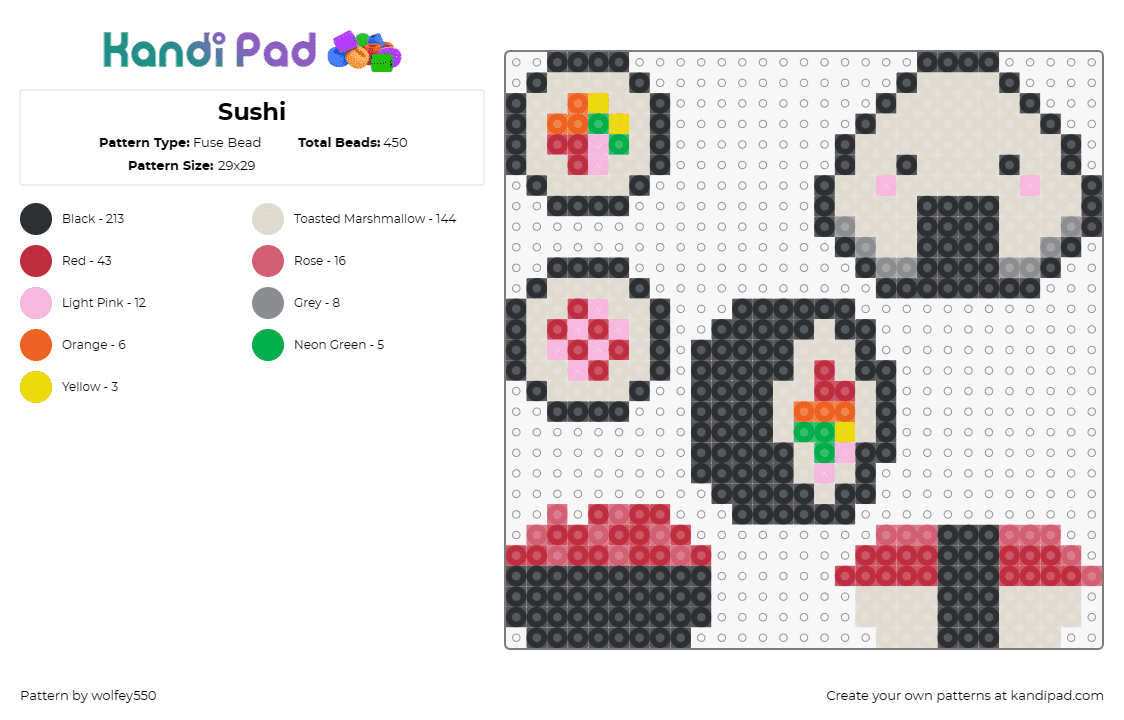 Sushi - Fuse Bead Pattern by wolfey550 on Kandi Pad - sushi,rice,food,seaweed,fish,salmon,culinary,playful,pink,black,gray