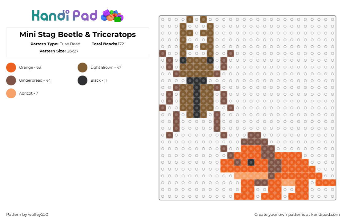 Mini Stag Beetle & Triceratops - Fuse Bead Pattern by wolfey550 on Kandi Pad - beetle,triceratops,dinosaur,bug,charms,cute,brown,orange